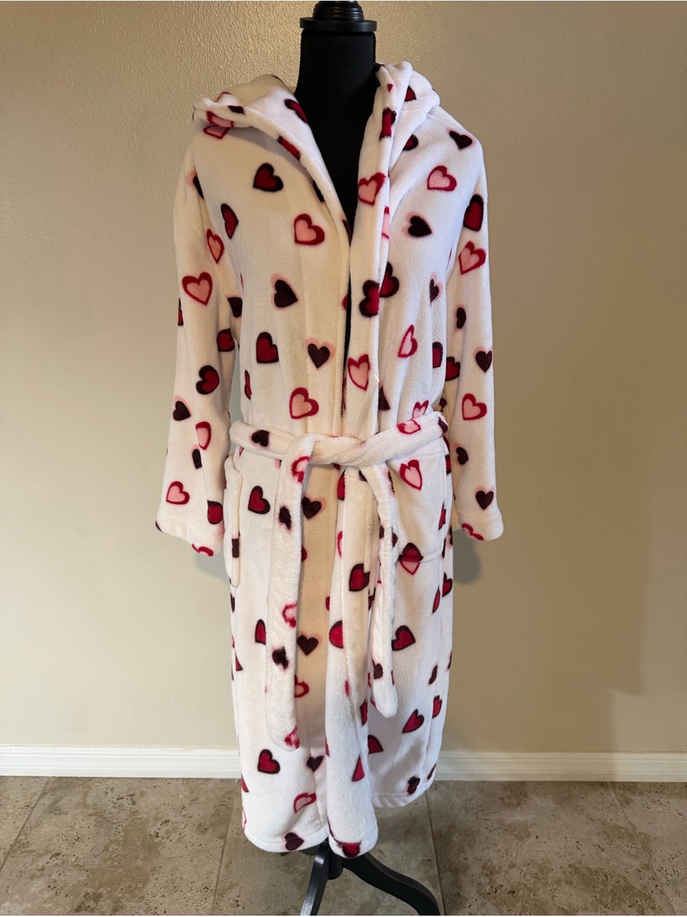 White Hooded Plush Robe with Red & Pink Heart Print